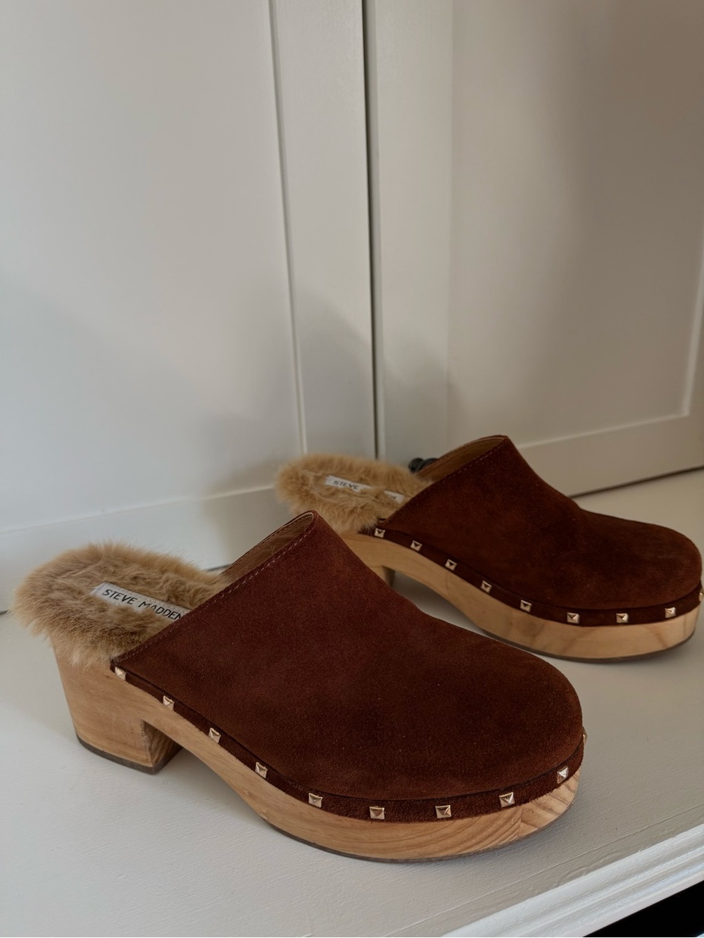 Steve Madden Brown Suede Fur-Lined Clogs with Studded Trim